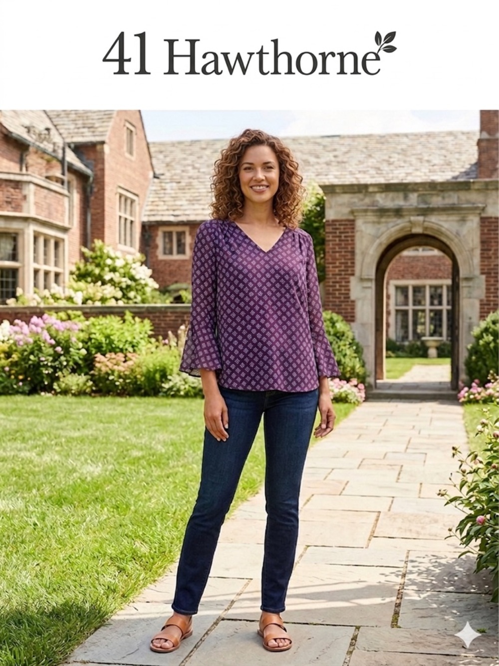 41 Hawthorn Purple Floral Geometric V-Neck Top